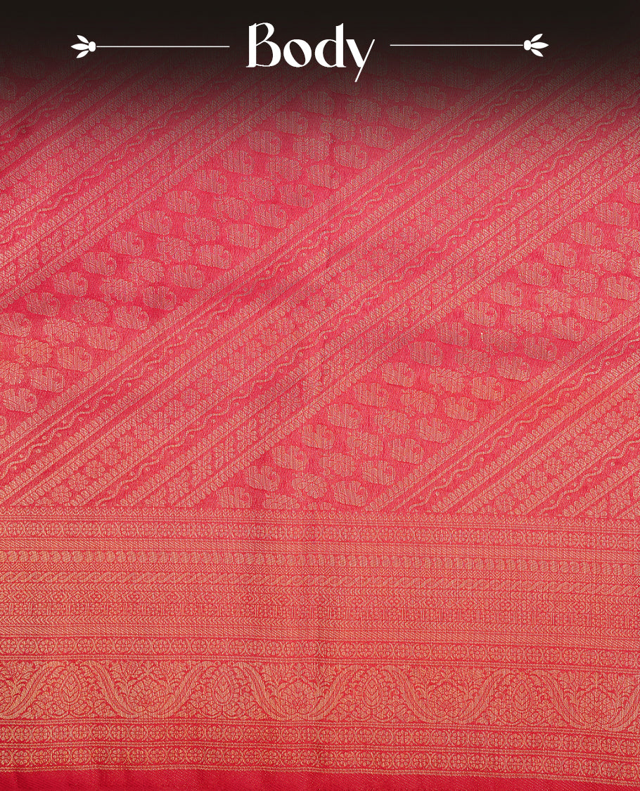 Magenta colour soft silk saree featuring gold zari pattern on body, complemented by self colour with traditional border, paired with matching blouse piece.