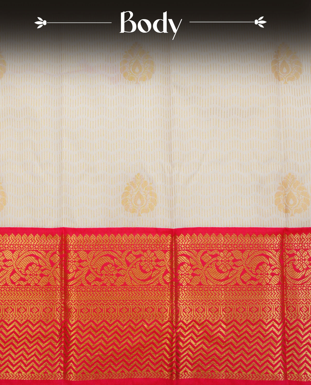 Off white colour silk saree featuring gold zari tripes with floral patterns on body, contrast red with gold zari traditional border, contrast grand pallu comes with matching blouse piece .