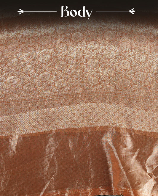 Orange & gold double shade pure banaras tissue silk saree featuring gold zari pattern on body, complemented by orange piping with traditional border, paired with matching blouse piece.