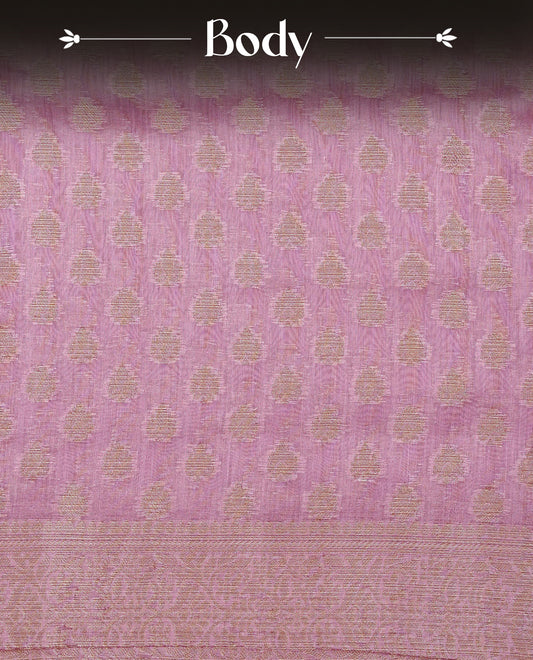 Dusty Pink Colour Tussar Silk saree with antique zari butta motifs On body, a self-toned floral zari border, a rich zari pallu, and Paired With a matching blouse piece.