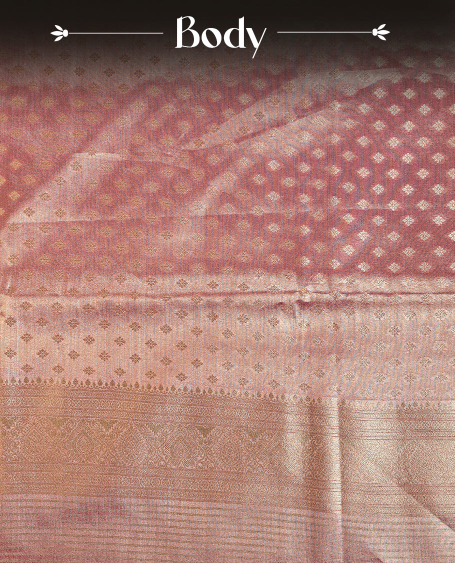 Pink, Light pink, gold triple shade colour semi Tissue silk saree featuring gold zari motifs on body, complemented by gold zari traditional border, paired with matching blouse piece.