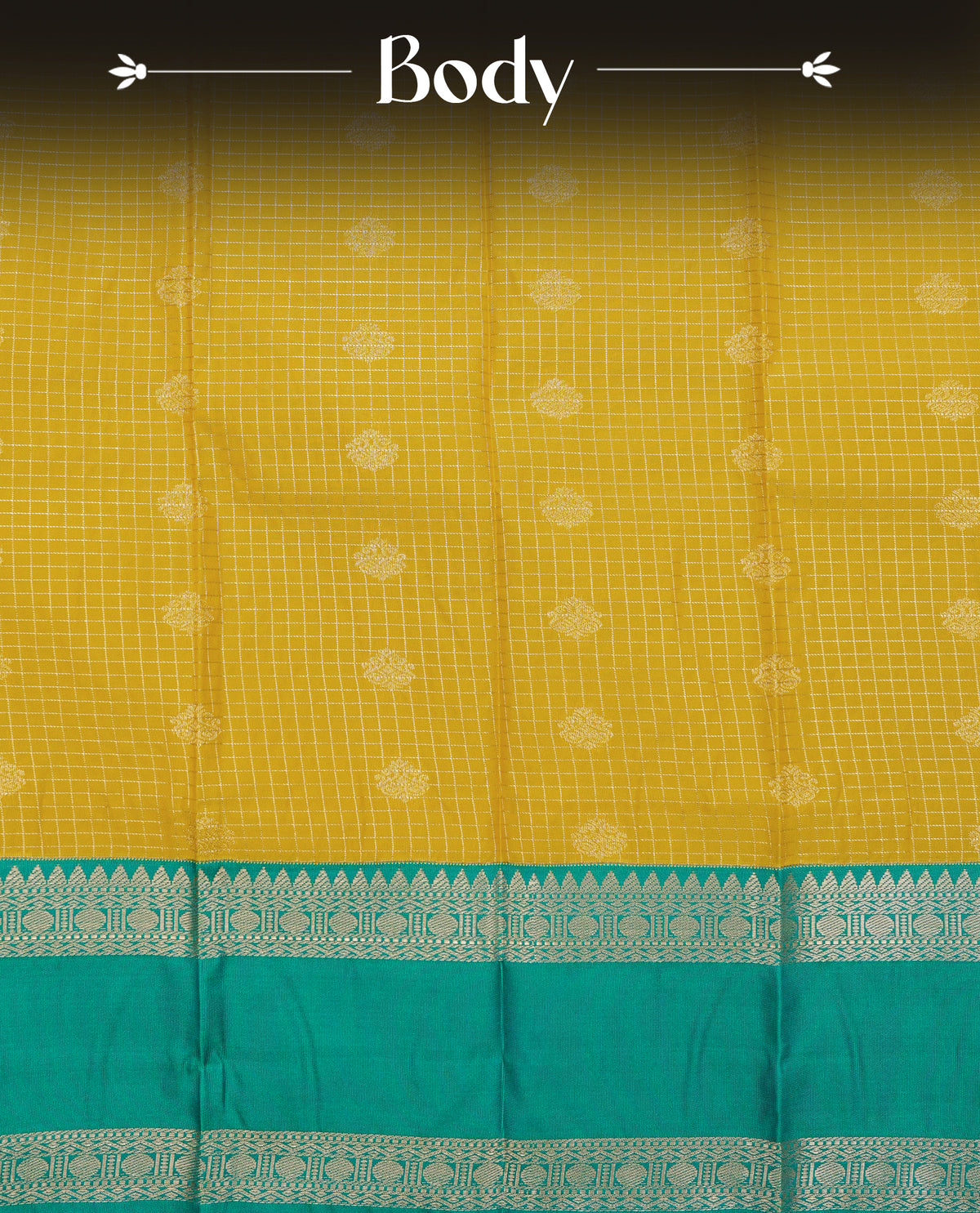Yellow colour soft silk saree featuring gold zari checks with motifs on body, contrast teal colour traditional border,  grand pallu comes with matching blouse piece.