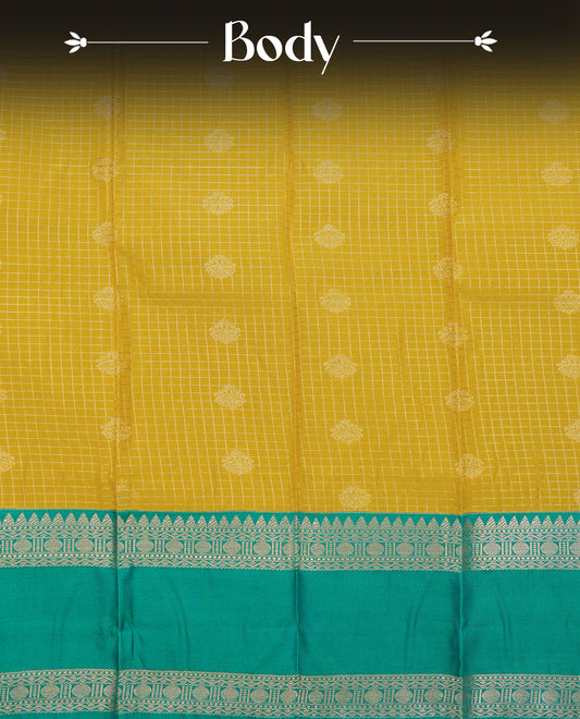 Yellow colour soft silk saree featuring gold zari checks with motifs on body, contrast teal colour traditional border,  grand pallu comes with matching blouse piece.