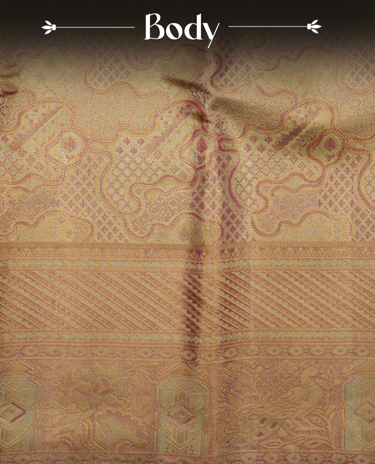 Gold & Red double shade colour pure tissue silk saree featuring Gold zari pattern on body, complemeneted by Self Colour Fancy border with peacock and floral motifs, comes with matching blouse piece.