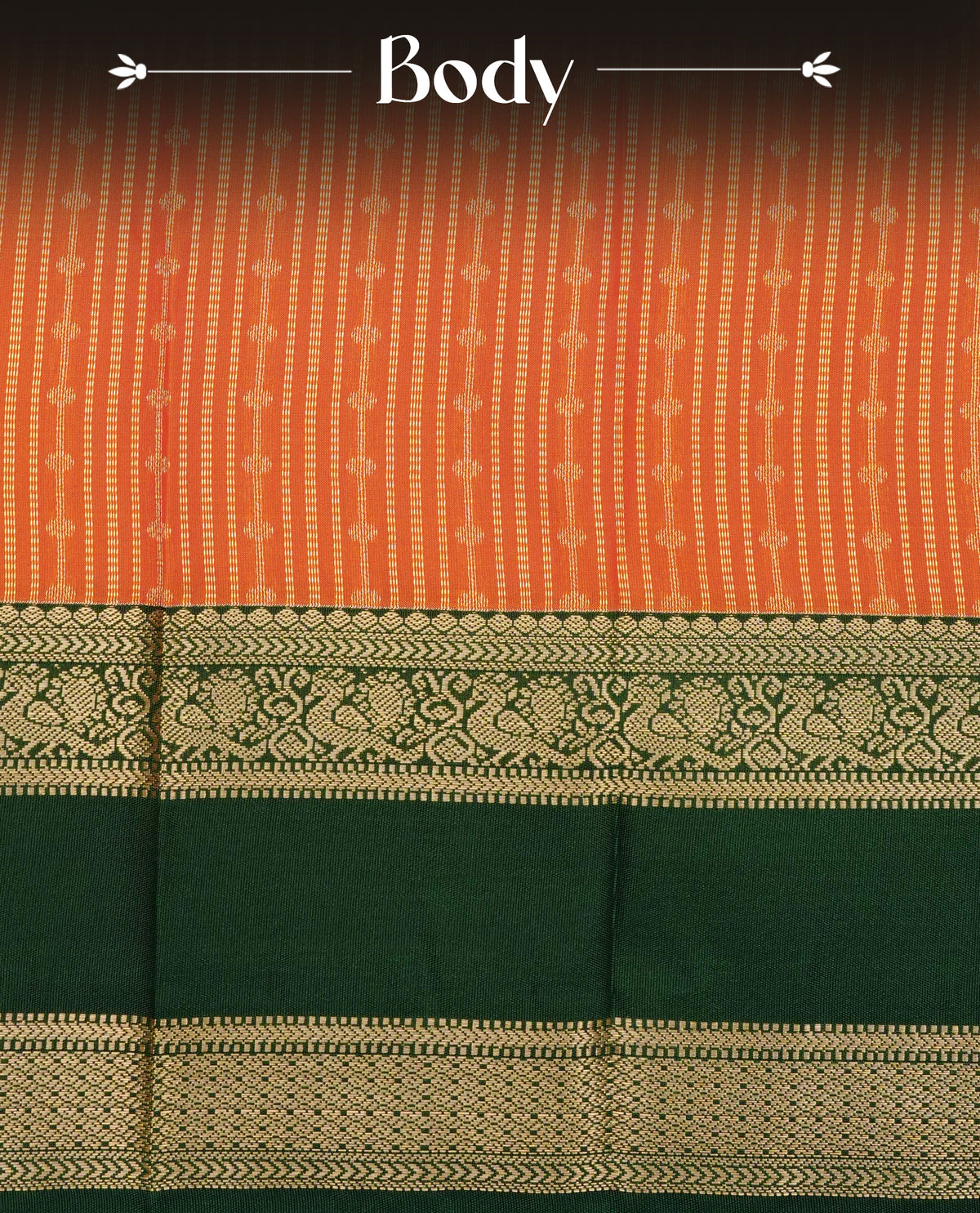 Rust orange colour soft silk saree featuring gold zari stripes with buttas on body, contrast dark green colour gold zari peacock traditional border, grand pallu comes with matching blouse piece.