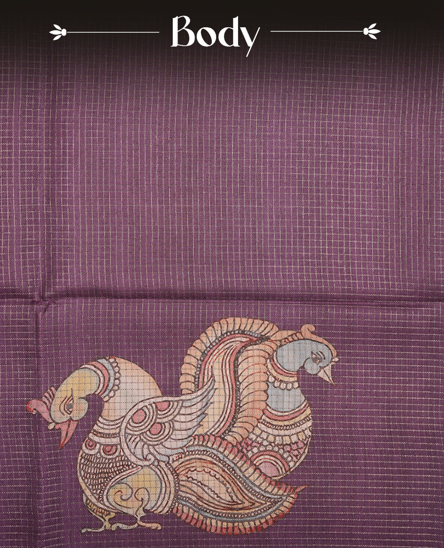Purple colour semi-tussar silk saree featuring intricate peacock motifs on the pallu, subtle zari check pattern across the body, floral vine prints throughout, finished with tassels and paired with a matching printed blouse piece.