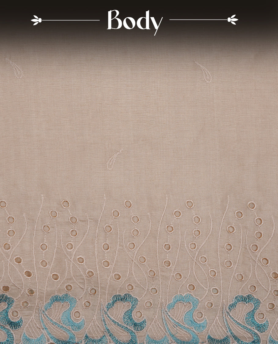 Beige colour Tussar silk saree featuring Elegant plain body, highlighting Blue colour thread worked scalp border, pallu and paired with matching blouse piece.