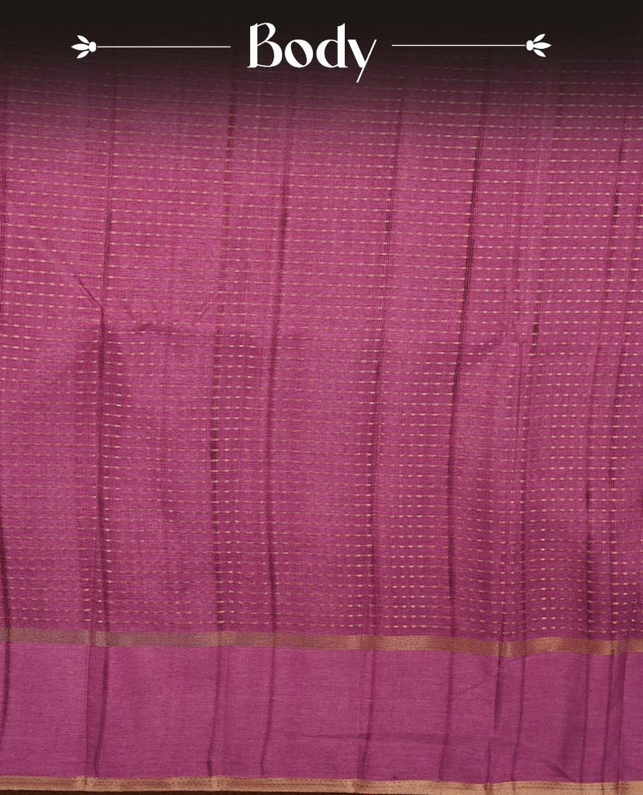 Mauve taupe colour semi tussar silk saree highlighting gold zari dotted stripes, self colour border and contrast dark mauve taupe pallu and comes with matching blouse piece.
