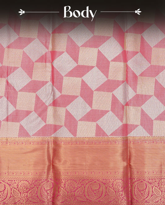 Rose Gold Colour Semi Tissue Silk Saree featuring shimmering gold and silver geometric box motifs on the body, complemented by an intricately woven floral zari pallu, a rich pink and gold zari border, and paired with a matching plain blouse piece