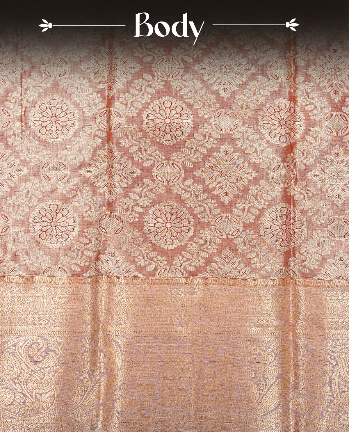 Pastel Red colour Semi Tissue Silk Saree featuring gold zari Works on the body, complemented by an intricately woven gold zari pallu, a rich baby pink border with gold zari work and paired with a matching plain blouse piece.