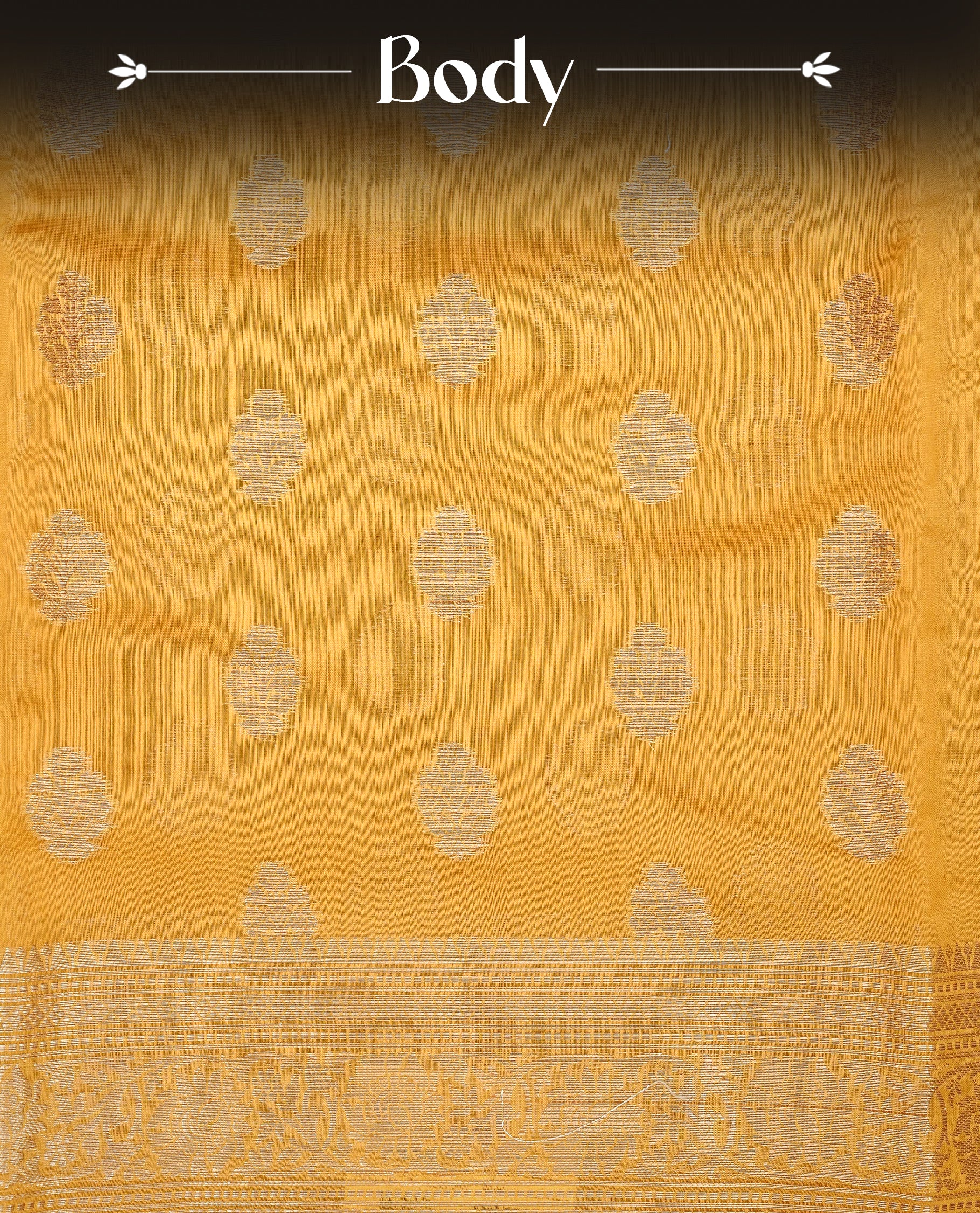 Mustard Yellow colour Tussar Silk saree featuring antique zari butta motifs on the body, enhanced with a self-coloured floral zari border and  pallu, paired with a matching blouse piece.