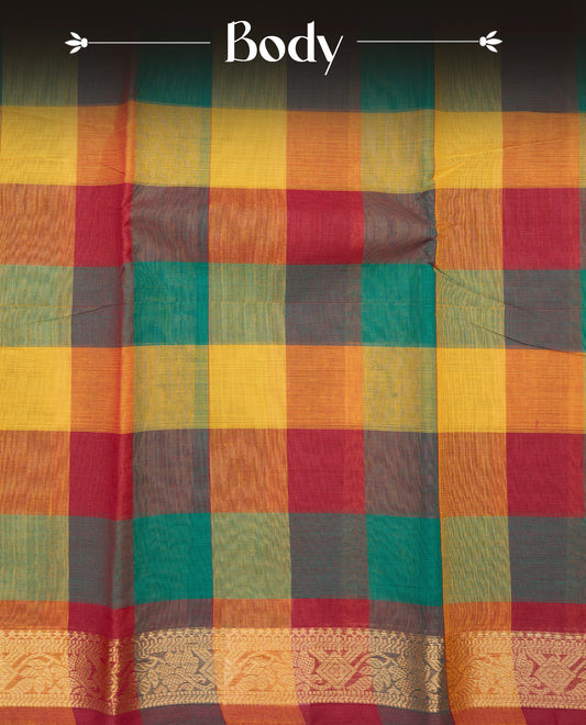 Multi colour Chettinad cotton saree featuring a check pattern on the body, complemented by a self colour with gold zari border, comes with a matching blouse piece