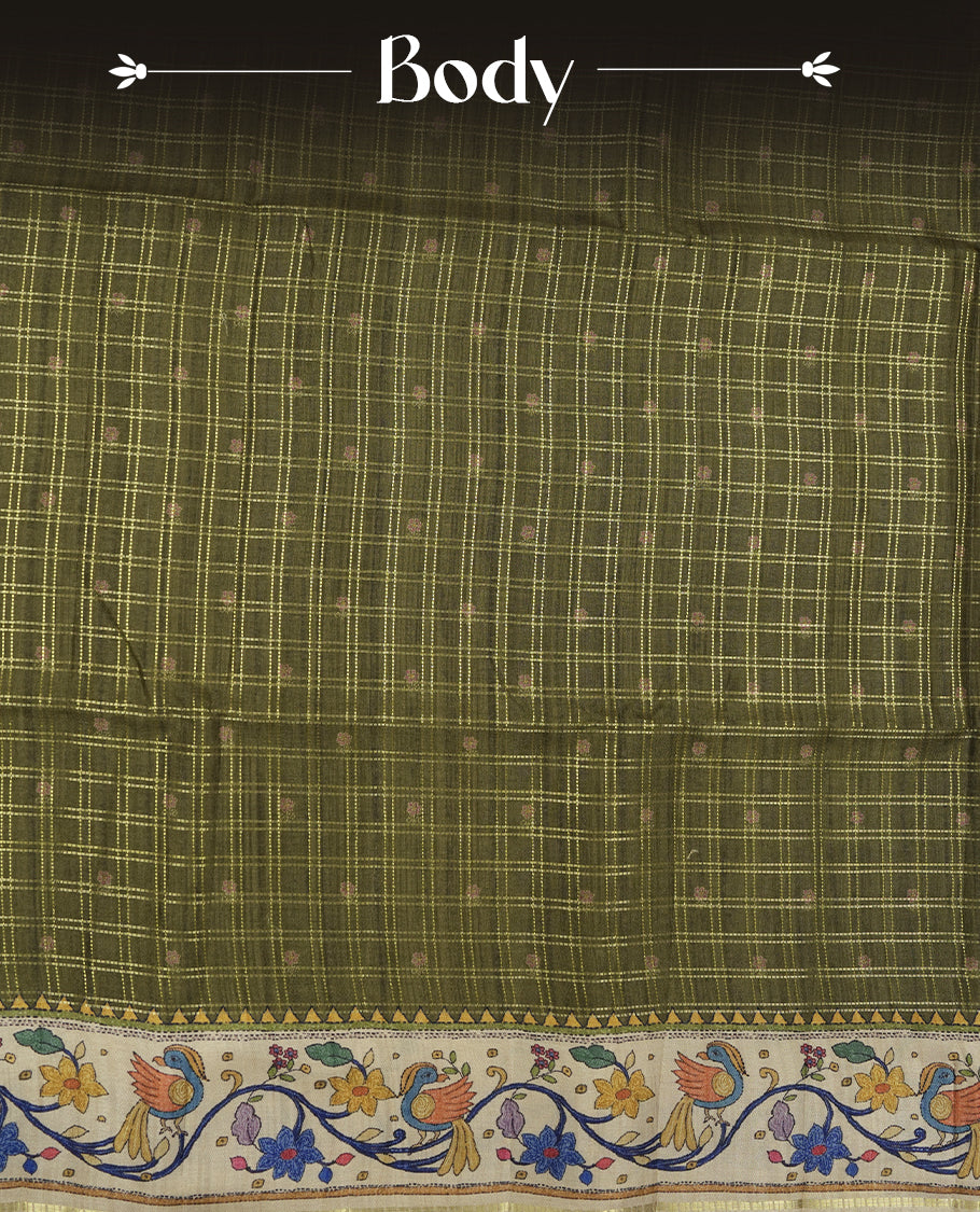 Olive green colour semi tusser silk saree featuring gold zari check pattern with floral butti motifs, with contrast floral kodi & bird pattern and paired with matching blouse.