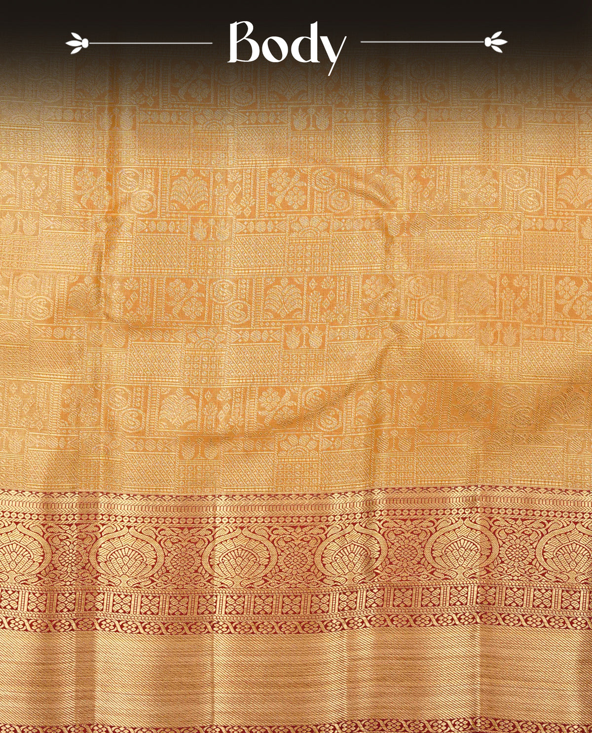 Mustard colour Semi Tissue Silk Saree featuring gold zari Works on the body, complemented by an intricately woven gold zari pallu, a rich Maroon border with gold zari work and paired with a matching plain blouse piece.
