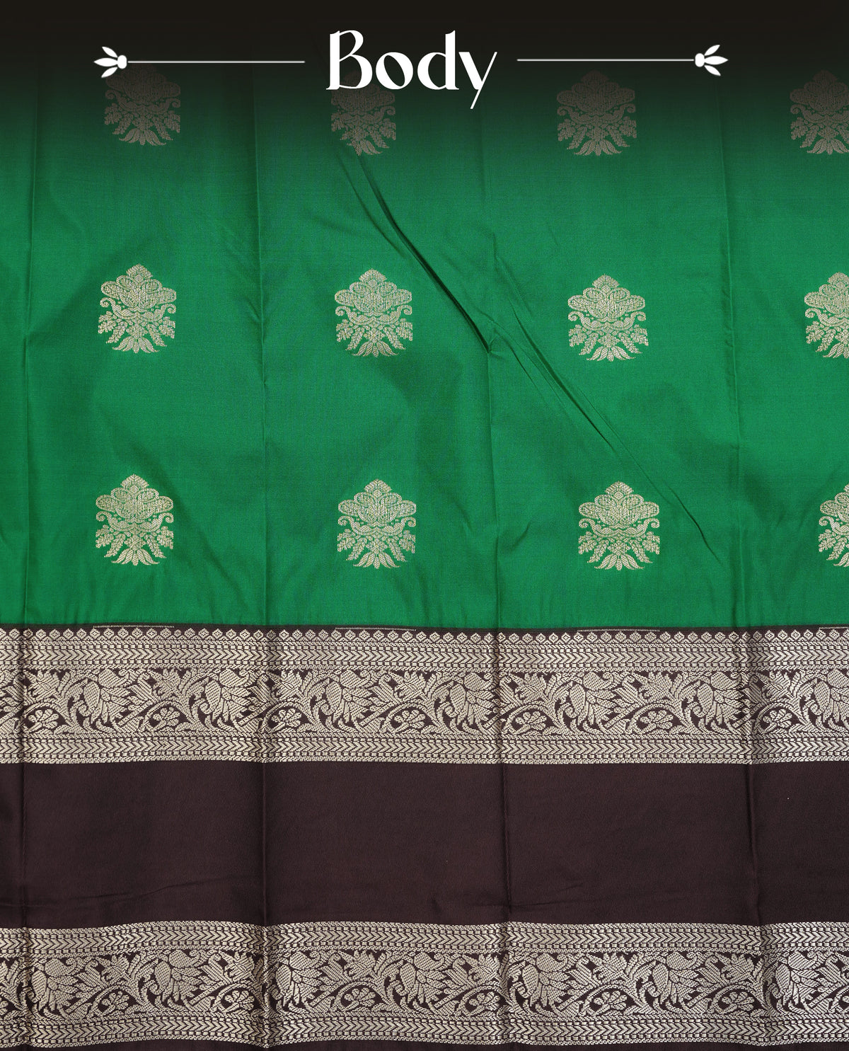 Green colour silk saree featuring gold zari motifs on body, contrast brown with gold zari traditional border, contrast grand pallu comes with matching blouse piece .