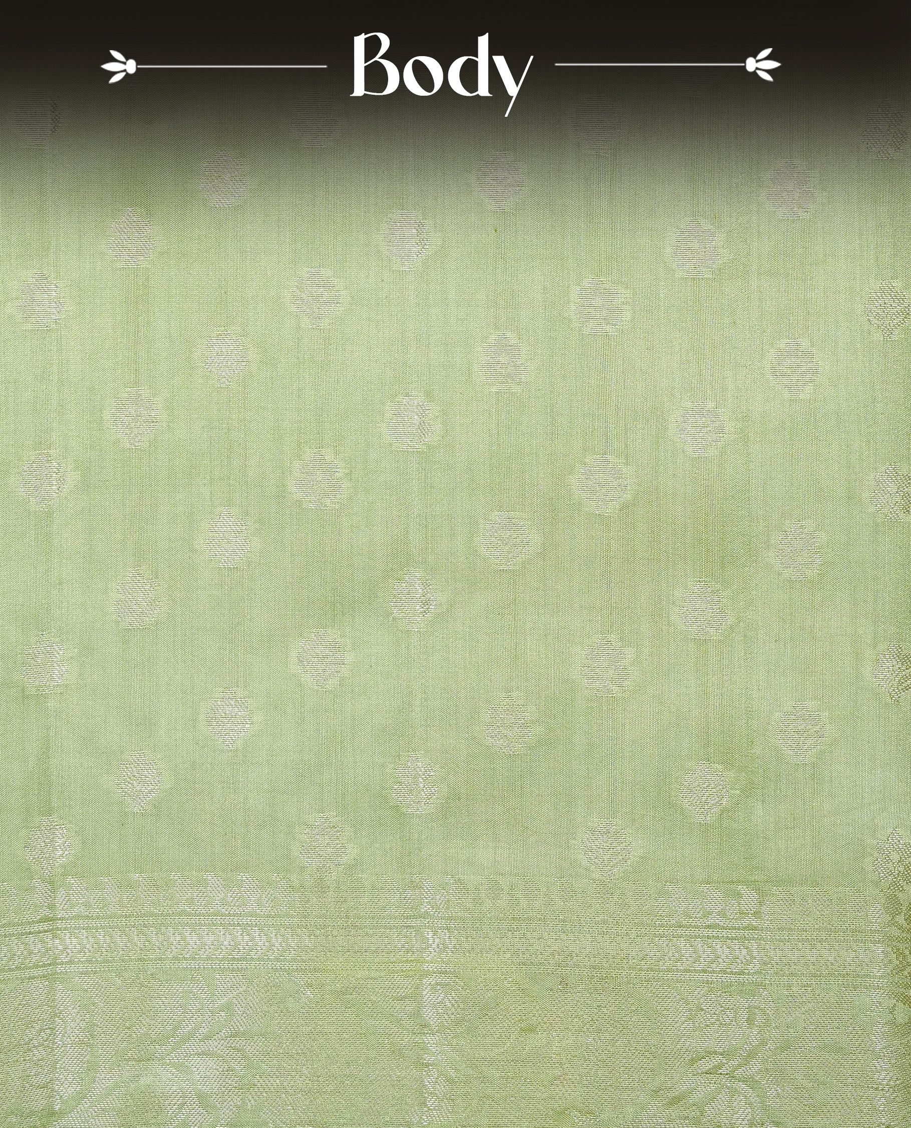 Pastel green Colour Tussar silk saree with silver zari buttas on Body , an elegant zari border and pallu, Paired With a matching blouse piece.
