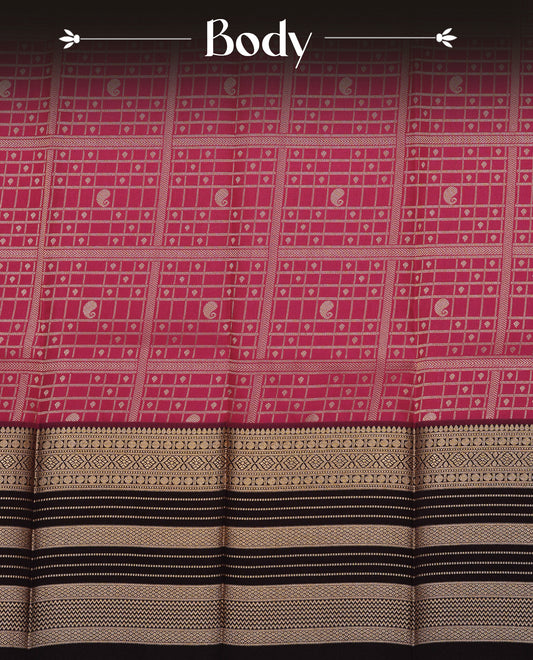 Rose pink colour silk saree featuring gold zari buttas and checks on body, contrast brown with gold zari traditional border, contrast grand pallu comes with matching blouse piece .