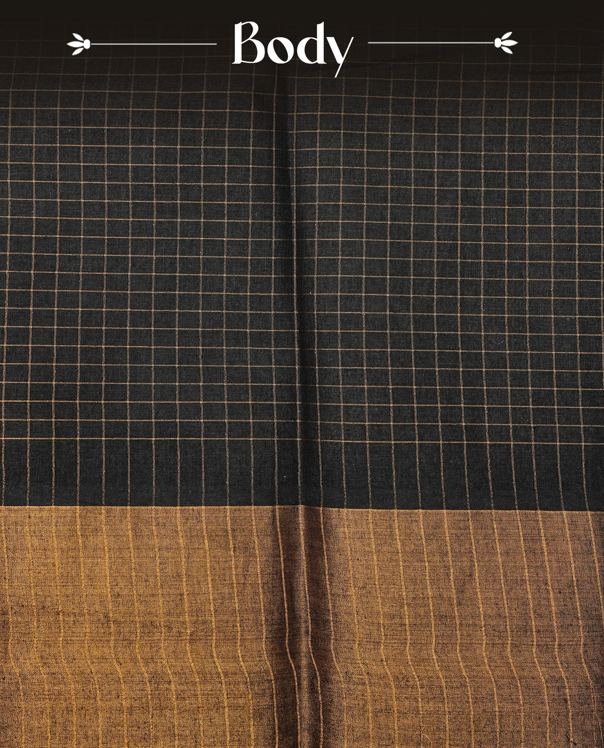 Black  Sungudi cotton saree featuring elegant gold zari checks across the body, complemented by a contrast gold zari border. Comes with a matching blouse piece.