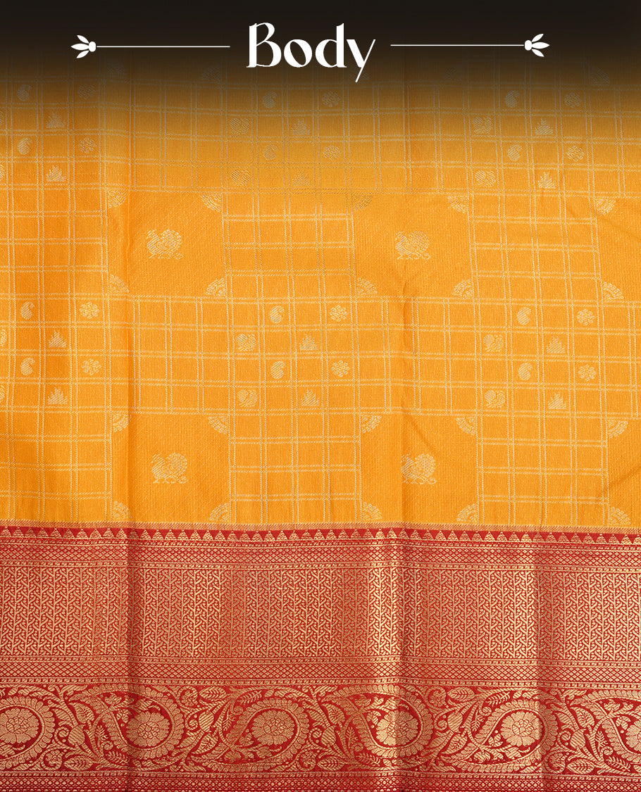 Mustard colour semi wedding saree featuring gold zari motif on check pattern on body, complemented by contrast brick red with traditional border, paired with matching blouse piece.