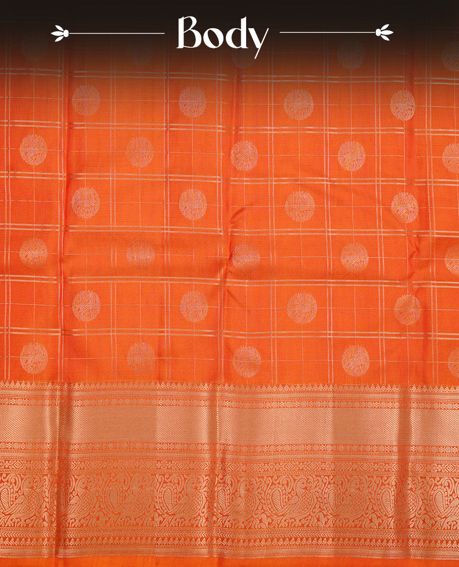 Orange colour traditional kancheepuram silk saree featuring gold zari check pattern on body, complemented by self colour with gold zari traditional border, paired with matching blouse piece.