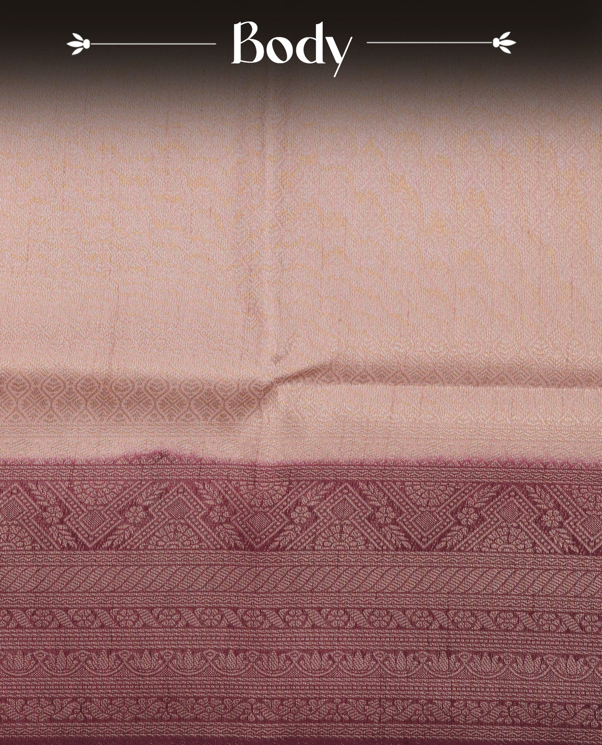 dusty peach colour softie silk saree featuring gold zari, rich pallu floral pattern brocade body, with contrasting maroon colour border.paired with matching blouse piece.