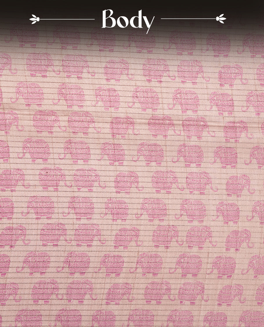 Pink colour semi tussar silk saree featuring an all-over elephant motif print across the body, complemented by a contrasting yellow pallu and border, and paired with a matching blouse piece.