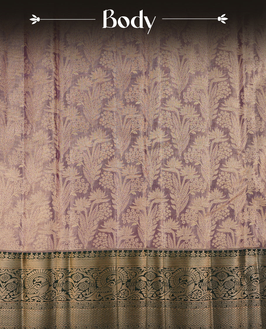 Purple & gold double shade colour semi tissue silk saree featuring gold zari floral kodi pattern on body, contrast green colour with gold zari traditional border, paired with matching blouse piece.