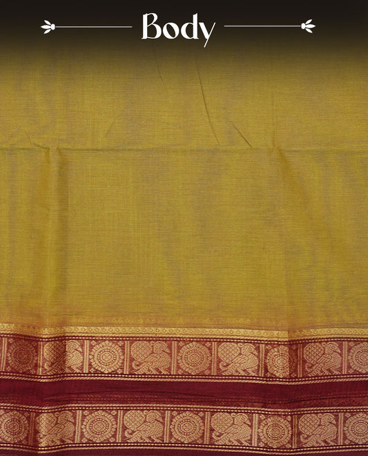 Mustard olive Colour Chettinad Cotton Saree with a plain body, contrast maroon colour with gold zari border, Paired with a matching blouse piece.