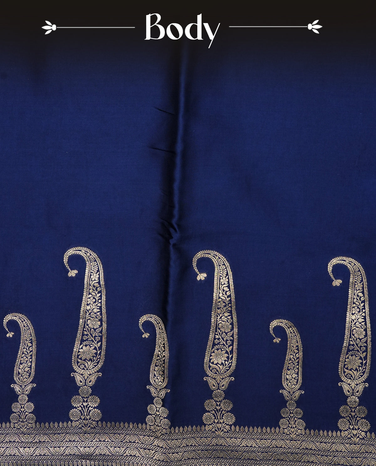 Navy blue colour Banaras satin crepe silk saree featuring Plain body, associate with Gold zari traditional border, comes with matching blouse piece.