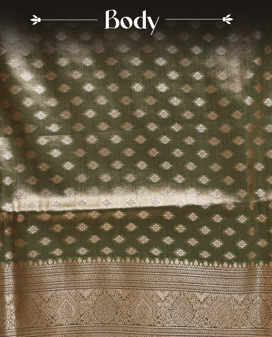 Green, light green, gold triple shade colour semi Tissue silk saree featuring gold zari motifs on body, complemented by gold zari traditional border, paired with matching blouse piece.