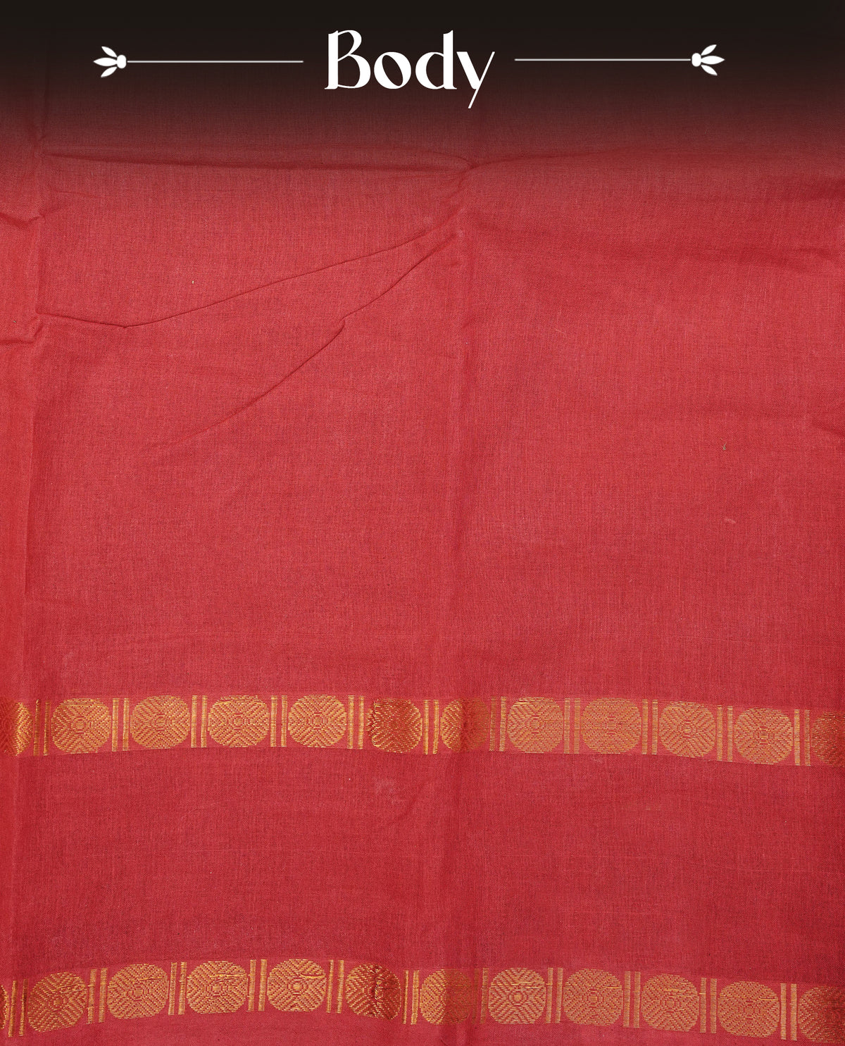 Red Colour  Sungudi Cotton Saree with gold zari motifs on the body, a matching gold zari border, and a plain pallu. Paired with a contrast Dark Green colour  blouse piece  featuring a gold zari peacock border.