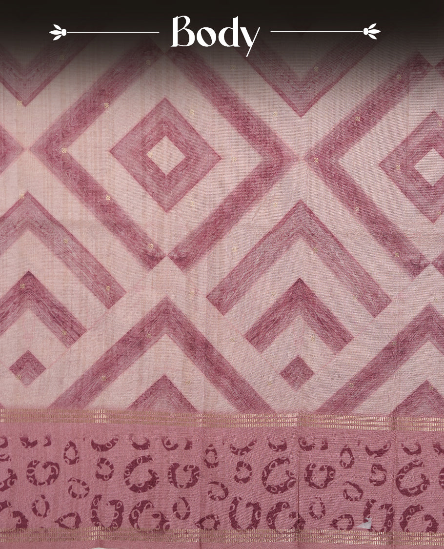 Mauve colour semi tusser silk saree featuring geometric print pattern across body, gold zari border with style motifs and paired with matching blouse.