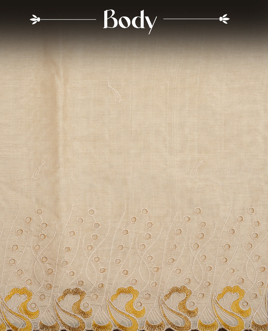 Beige colour Tussar silk saree featuring Elegant plain body, highlighting Yellow colour thread worked scalp border, pallu and paired with matching blouse piece.