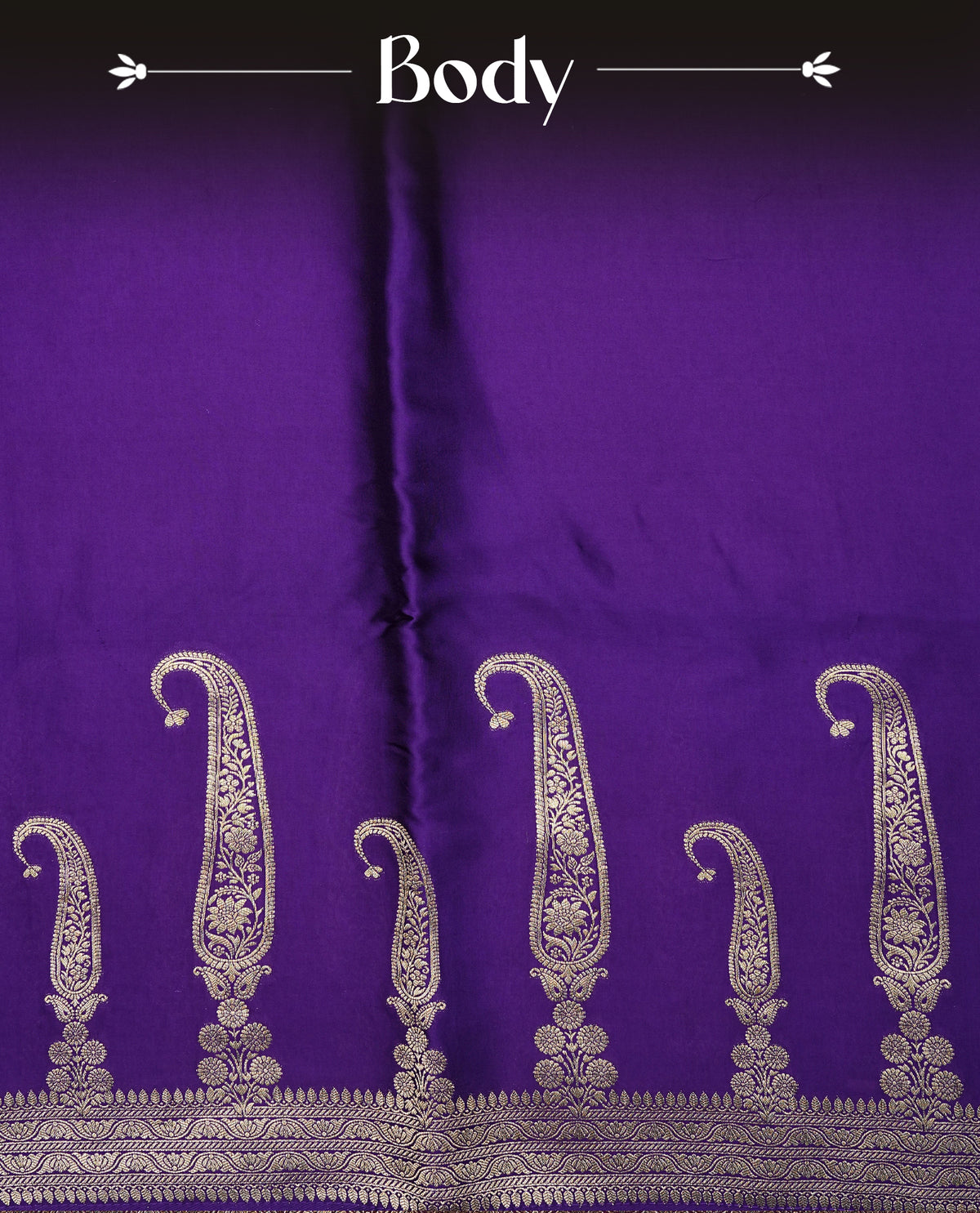 Violet colour Banaras satin crepe silk saree featuring Plain body, associate with Gold zari traditional border, comes with matching blouse piece.