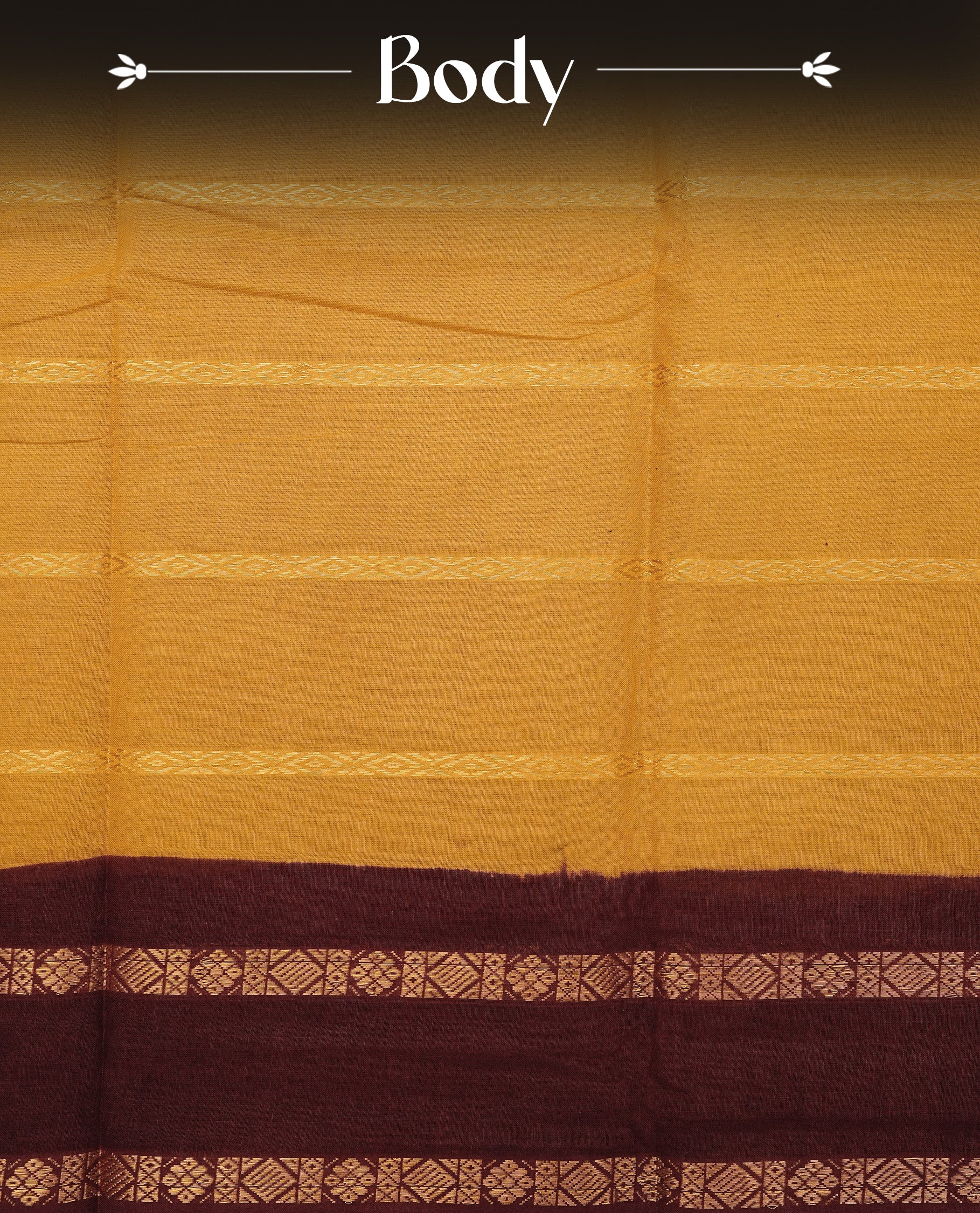 Mustard yellow colour Sungudi cotton saree featuring elegant gold zari stripes on the body, complemented by a contrast Maroon with gold zari border and pallu, paired with a matching blouse piece