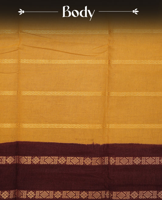 Mustard yellow colour Sungudi cotton saree featuring elegant gold zari stripes on the body, complemented by a contrast Maroon with gold zari border and pallu, paired with a matching blouse piece
