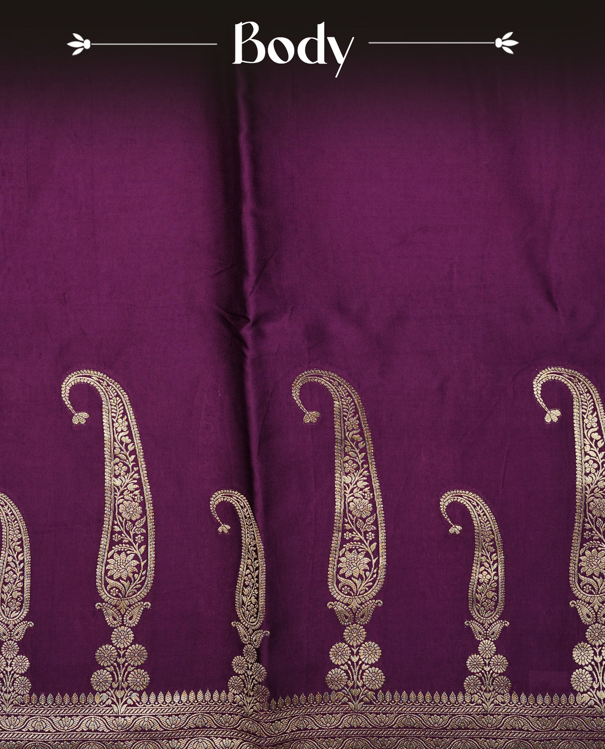 Purple colour Banaras satin crepe silk saree featuring Plain body, associate with Gold zari traditional border, comes with matching blouse piece.