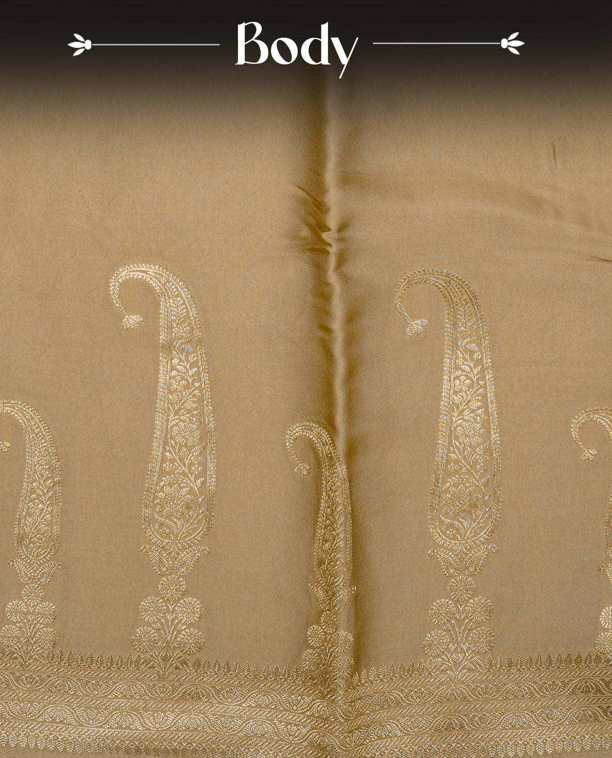 Beige colour Banaras satin crepe silk saree featuring Plain body, associate with Gold zari traditional border, comes with matching blouse piece.