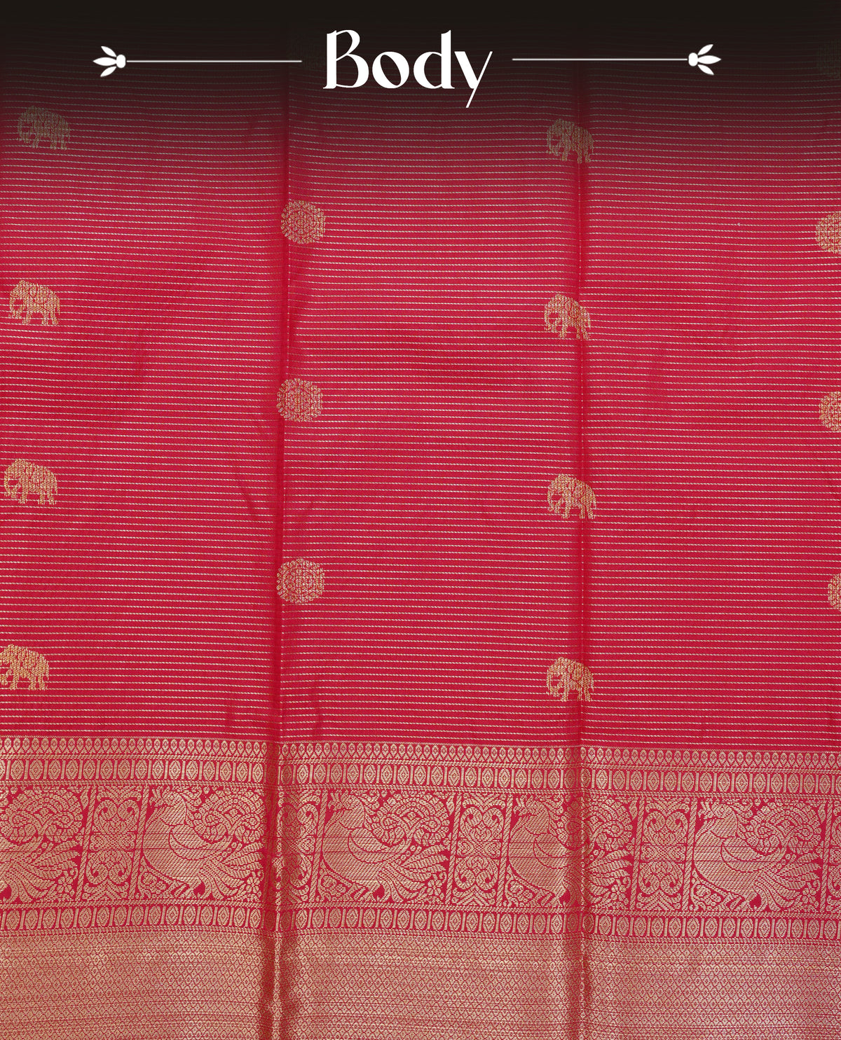 Red colour soft silk saree featuring gold zari lines with elephant motifs on body, contrast Mustard yellow colour gold zari peacock motifs on border, grand pallu comes with matching blouse piece.