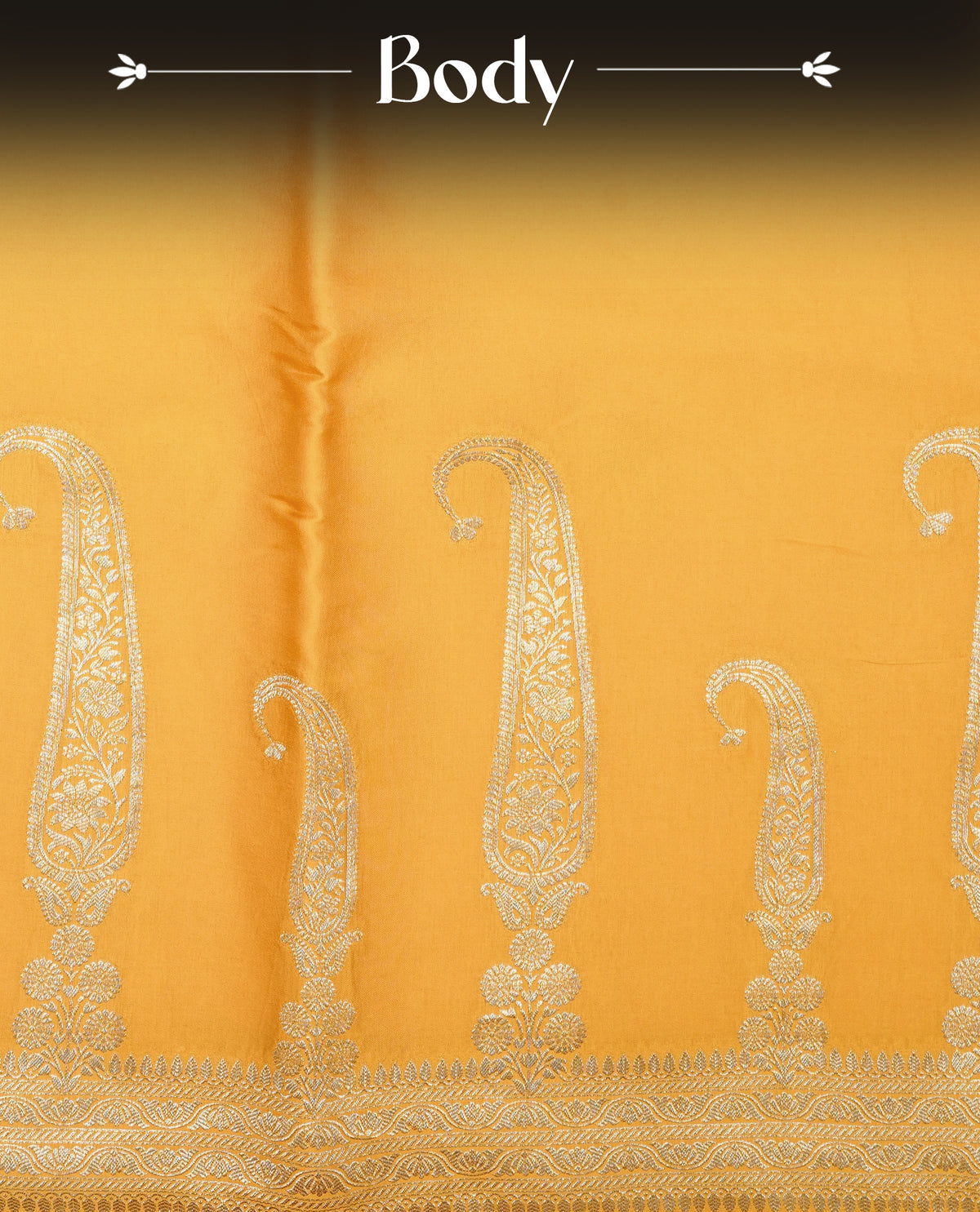 Yellow colour Banaras satin crepe silk saree featuring Plain body, associate with Gold zari traditional border, comes with matching blouse piece.