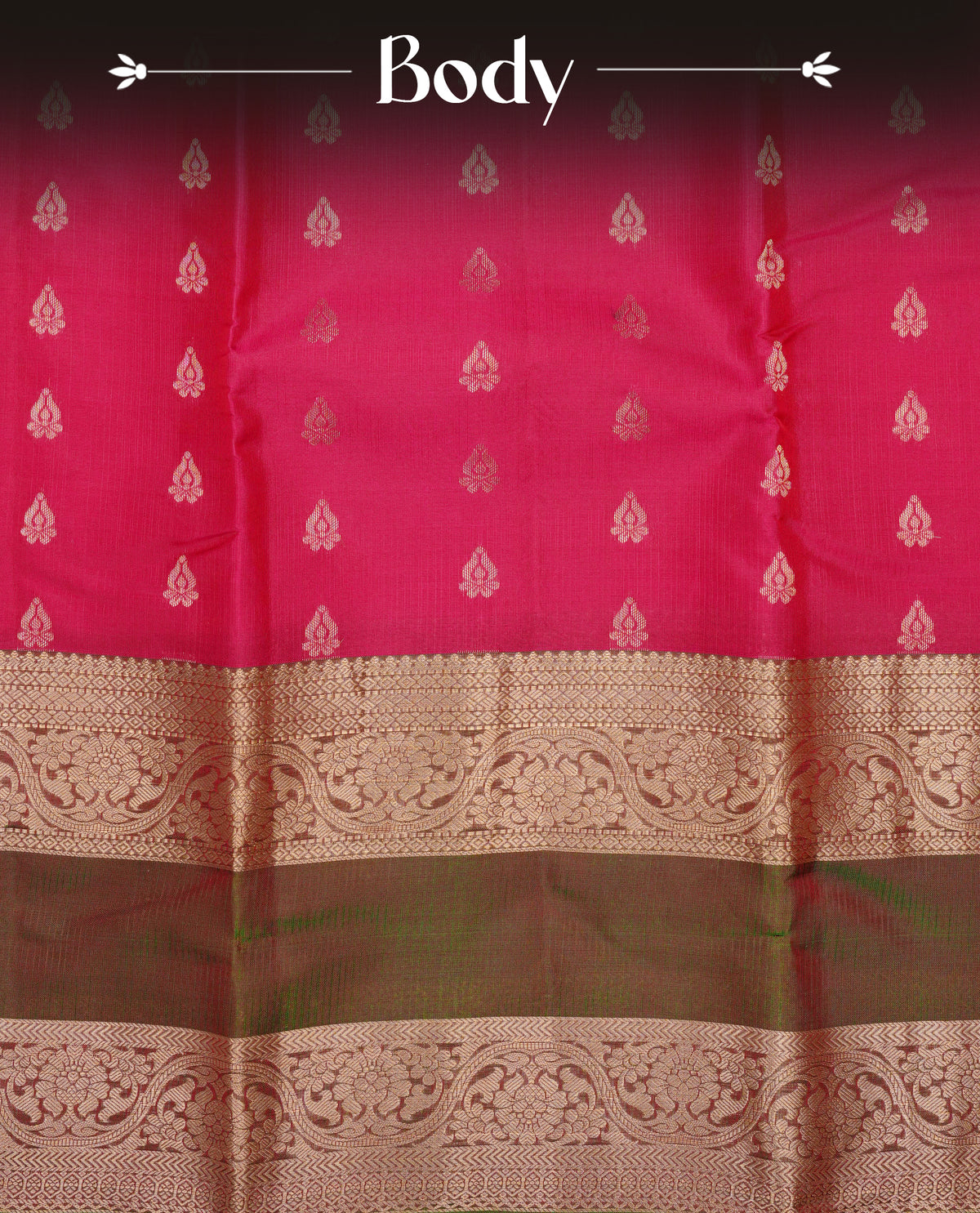 Rani Pink Colour Traditional Kancheepuram Silk Saree with Elegant Gold Zari Buttas on the Body, Enhanced with a Contrast Olive Colour Grand Gold Zari Border and Rich Pallu, Paired with a Matching Blouse Piece