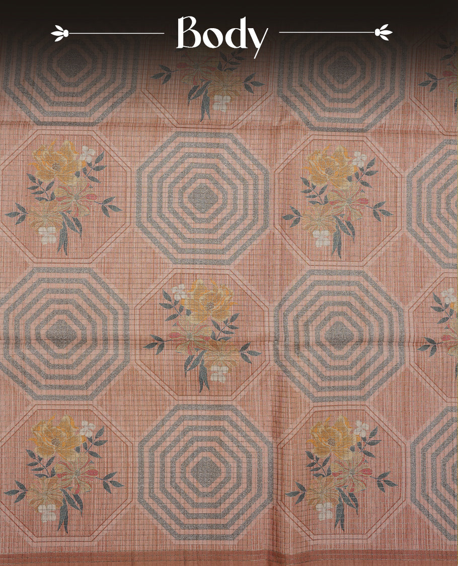 Muted brown colour semi tussar silk saree featuring grey geometric print and zari check pattern across body, self colour border and pallu, paired with matching blouse piece.