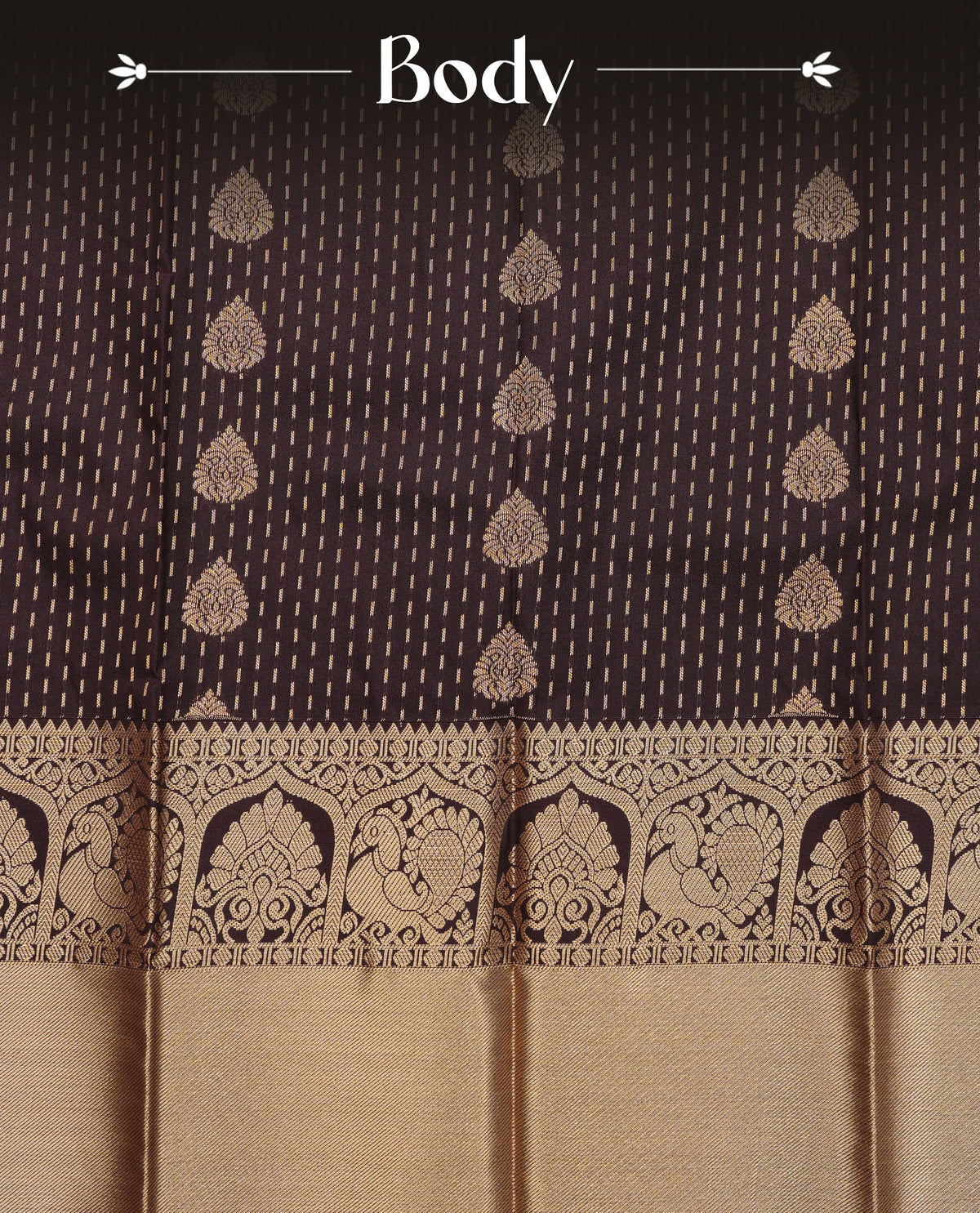 Dark chocolate colour soft silk saree featuring gold zari stripes with floral motifs on body,contrast  by self colour gold zari peacock & floral traditional border, grand pallu comes with matching blouse piece.