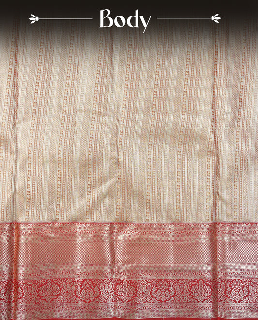 Pastel red colour Semi Tissue Silk Saree featuring Silver zari Works on the body, complemented by an intricately woven Silver zari pallu, a rich Maroon border with silver zari work and paired with a matching plain blouse piece.