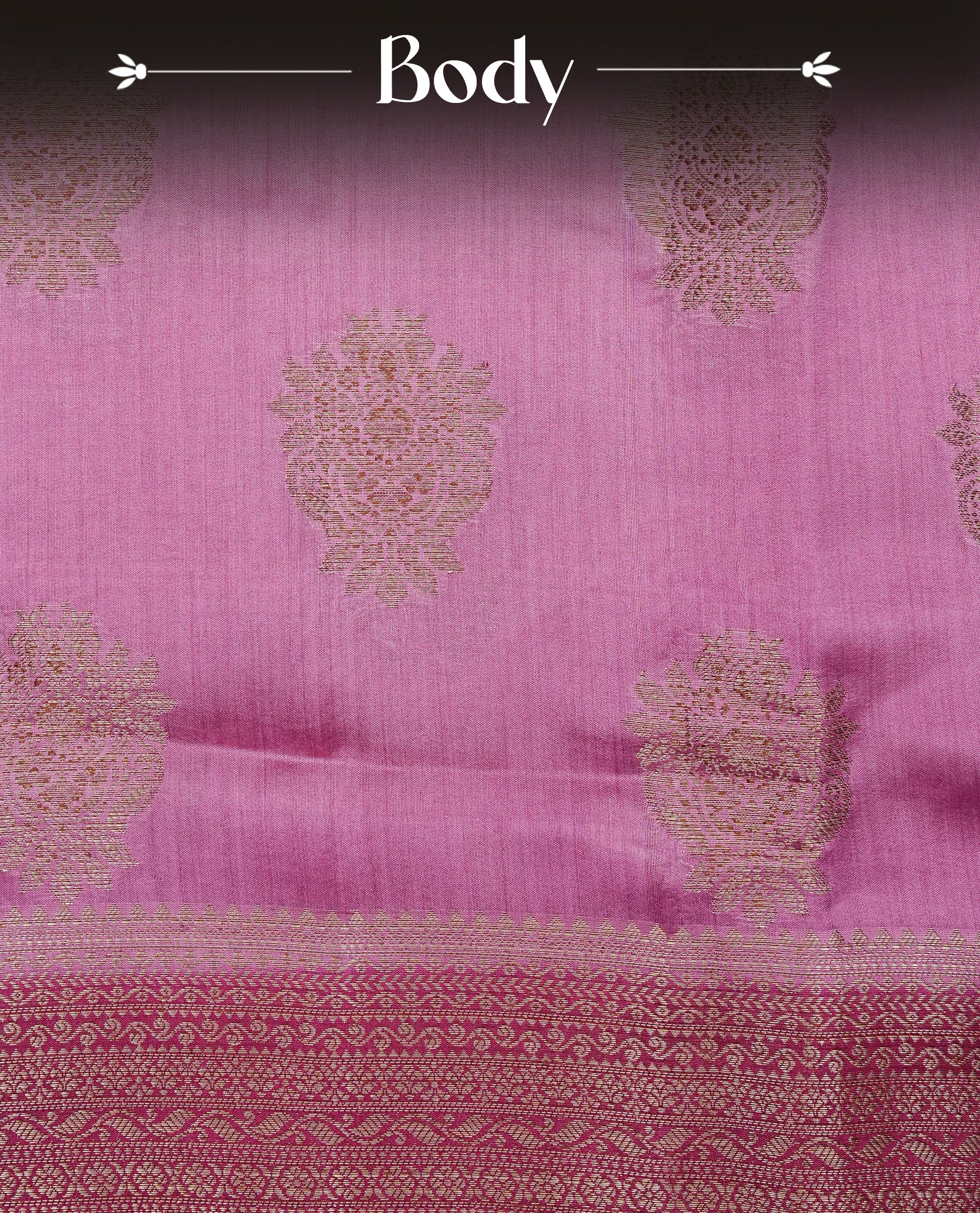 Pastel Orchid Pink Colour Tussar Silk saree with elegant antique zari floral motifs On Body , a contrasting magenta zari border, a rich zari pallu, Paired With a matching blouse piece.