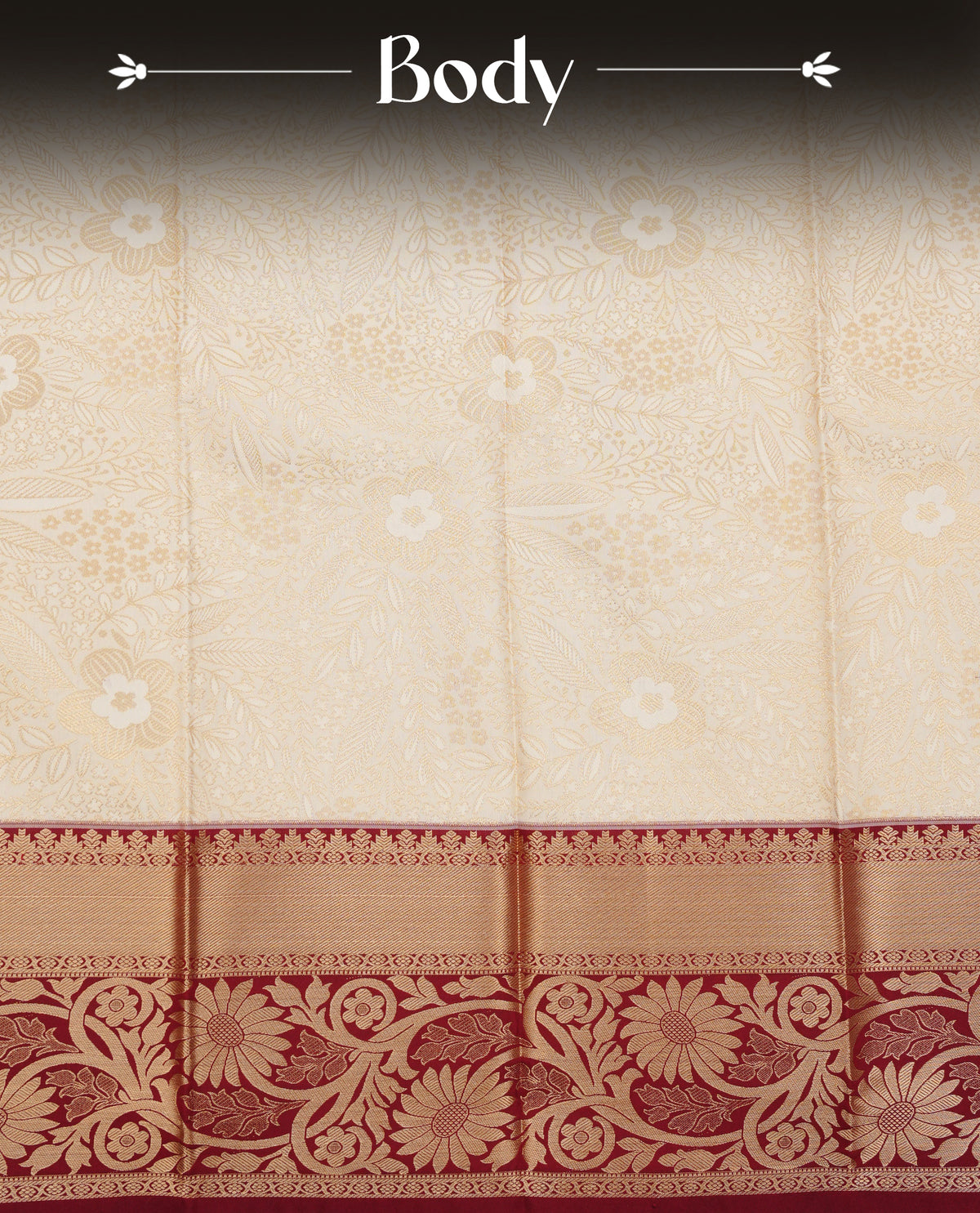 Off white colour silk saree featuring gold zari floral patterns on body, contrast maroon with gold zari traditional border, contrast grand pallu comes with matching blouse piece .