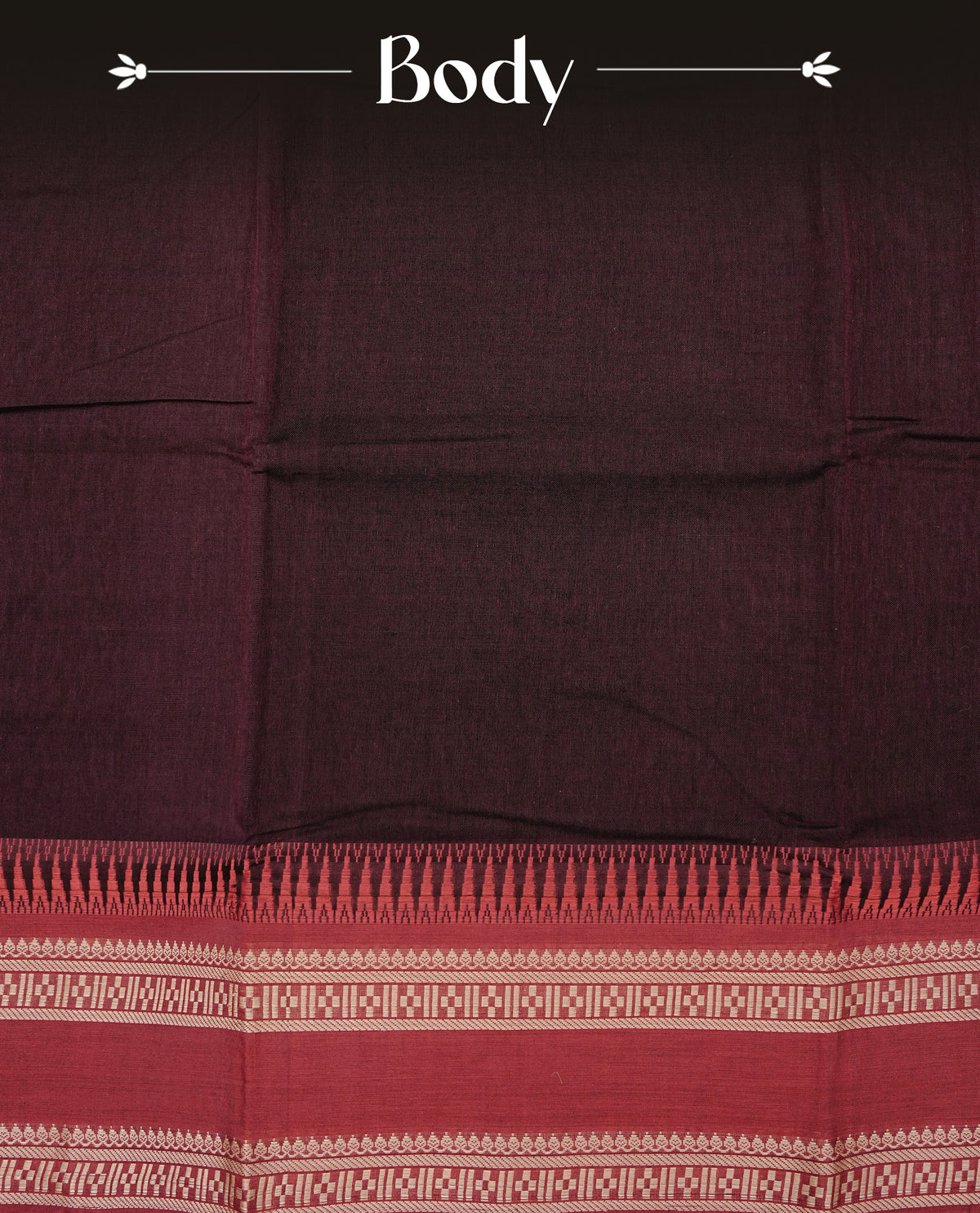 Dark Wine colour Narayanapattu cotton saree with a plain body, complemented by a Red Colour with Beige colour border & contrast pallu, paired with a matching blouse piece.