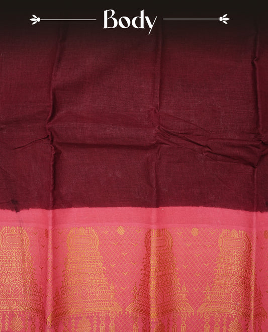 Maroon colour Sungudi cotton saree with a plain body, a contrast pink with temple zari border & pallu ,paired with a matching blouse piece.
