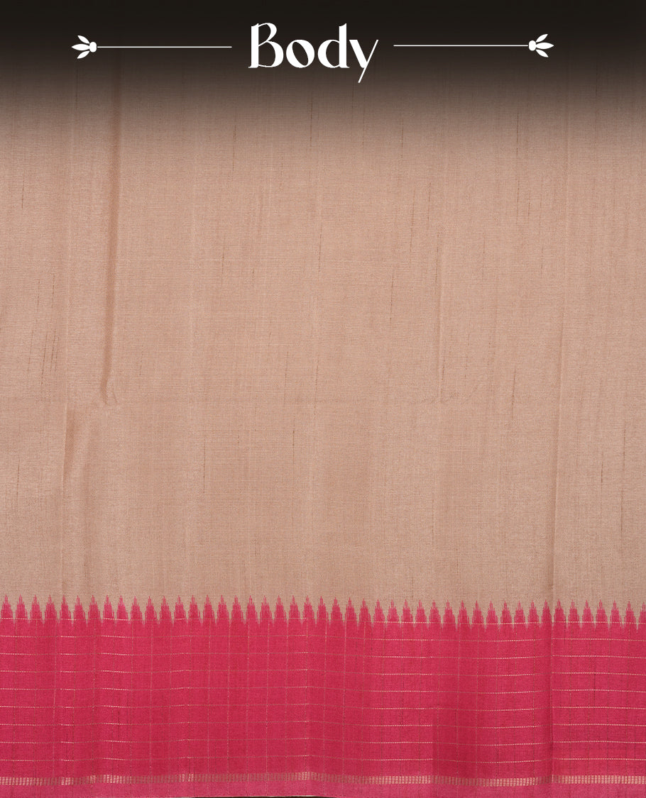 Beige colour semi tussar silk saree highlighting elegant plain body, contrast pink colour border with gold zari box pattern, pallu and comes with matching blouse piece.