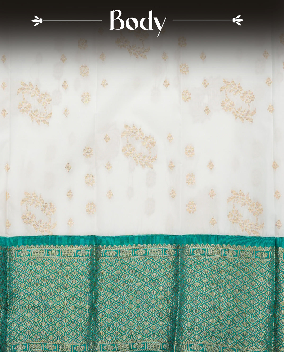 White colour silk saree featuring gold zari motifs on body, contrast teal green with gold zari traditional border, contrast grand pallu comes with matching blouse piece .
